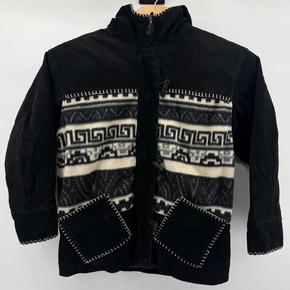 Vintage 90s Winlit Leather Jacket Mens L Black Southwestern Tribal Hooded Coat